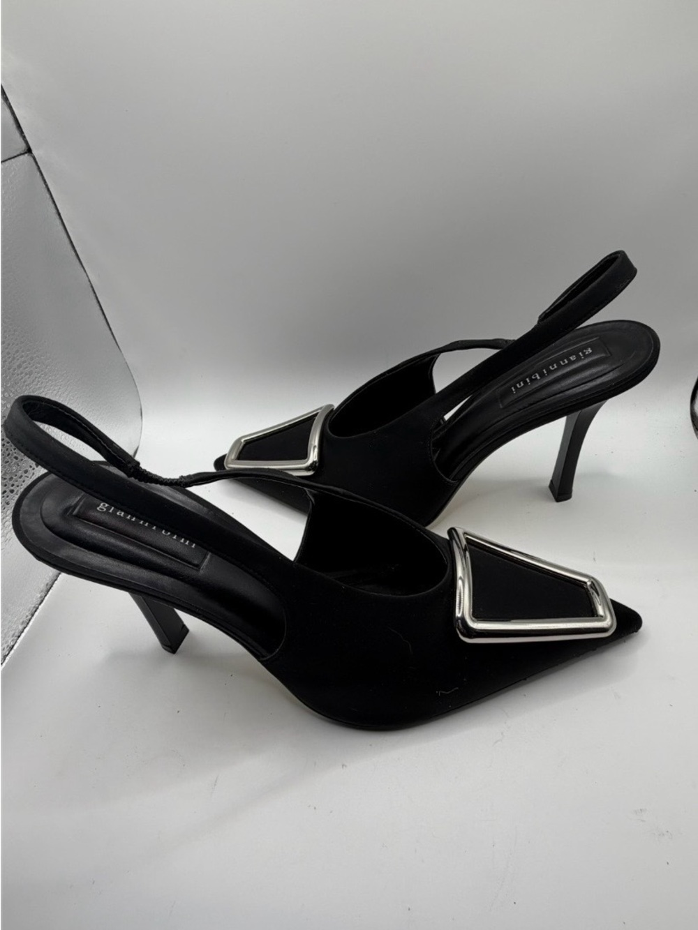 Gianni Bini Jalen Satin Black Pointed Slingback Heels with Silver Accent